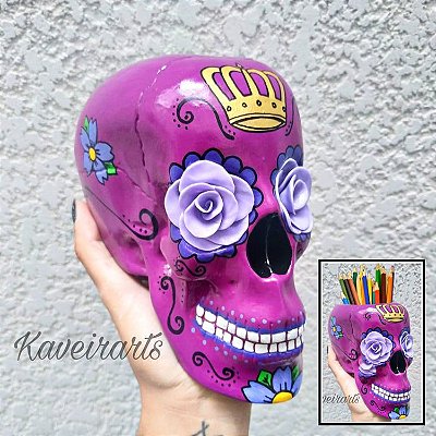 Caveira Mexicana Magenta com Coroa - Grande - Fechada ou Porta Treco