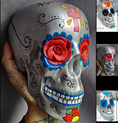 Caveira Mexicana Prata com 3 opções de desenhos - Grande