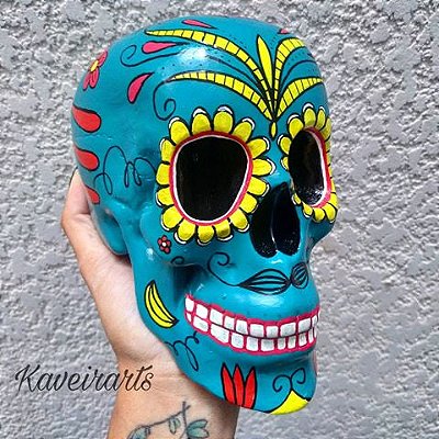 Caveira Mexicana Verde com detalhes Amarelo - Grande
