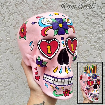 Caveira Mexicana Rosa com olhos de Coração - Grande - Fechada e Porta Treco