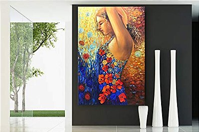 Quadro Pintura Tela menina flores vestido bela vertical 5102
