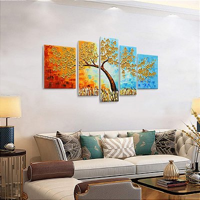 Quadro Pintura Tela ouro árvore flor Quarto 5119