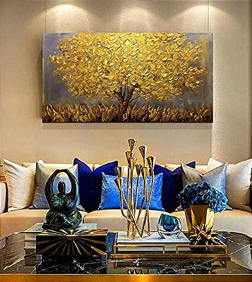 Quadro Pintura Tela árvore amarela escritório flor 5143