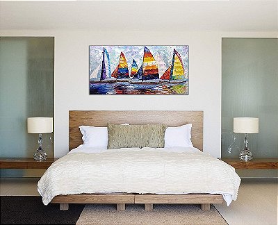 Quadro Pintura Tela artista barco vela óleo colorido 5230