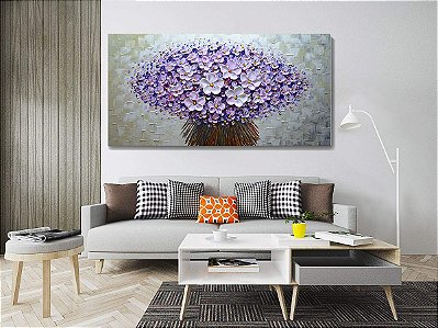 Quadro Pintura Tela moderno roxo pintados óleo buquê 5243