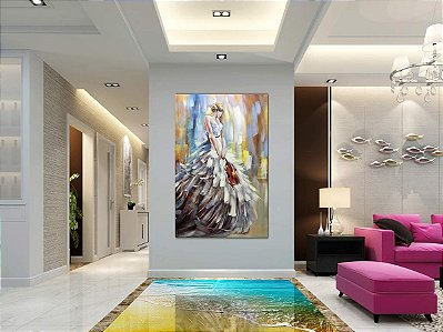 Quadro Pintura Tela saia elegante menina segura violino 5250