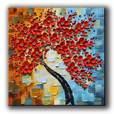 Quadro Pintura Tela vermelho flor quadrado moderna 5283