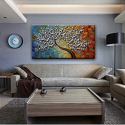 Quadro Pintura Tela fundo brancas árvore pétalas azul 5289