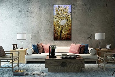 Quadro Pintura Tela ouro vertical pétalas floral óleo 5300