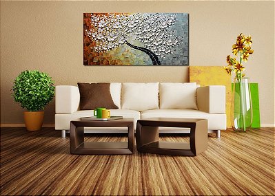 Quadro Pintura Tela árvore visitas floral branca flor 5303