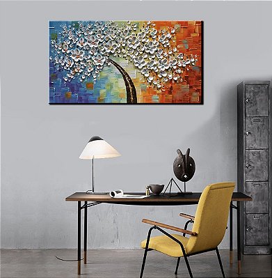 Quadro Pintura Tela árvore branco óleo flor Quarto 5314