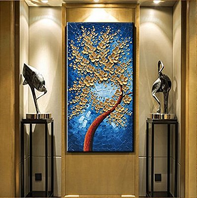 Quadro Pintura Tela ouro vertical óleo flor 5316