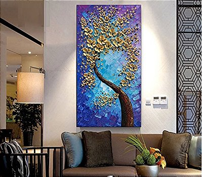Quadro Pintura Tela ouro flor verticais Quarto 5317