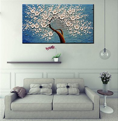 Quadro Pintura Tela textura árvore azul flor moderna 5319