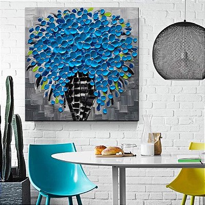 Quadro Pintura Tela óleo deco flor acrílica azul 5325