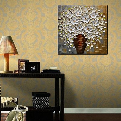 Quadro Pintura Tela flor vaso branca óleo quadrada 5326