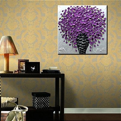 Quadro Pintura Tela vaso flor roxa preto contemporânea 5358