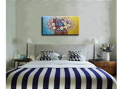 Quadro Pintura Tela fundo azul amarelo colorido buquê 5425