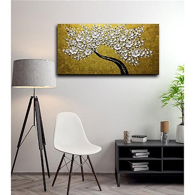 Quadro Pintura Tela brancas cozinha preto textura ouro 5529