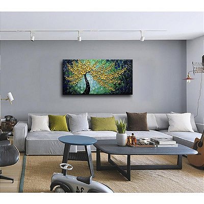 Quadro Pintura Tela ouro textura verde escuro pétalas 5533