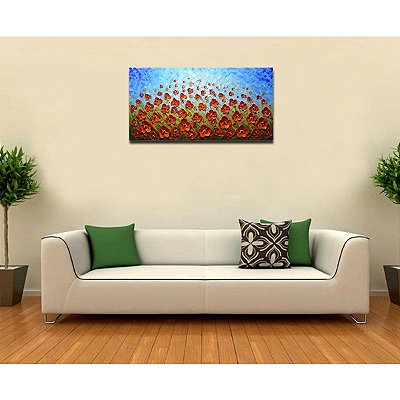Quadro Pintura Tela idéias textura vermelho flor azul 5556