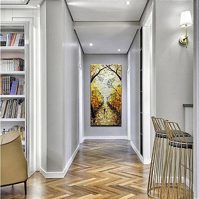 Quadro Pintura Tela fundo amarela luz outono rua Quarto 5563