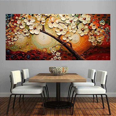 Quadro Pintura Tela Arvores e Flores Modernas Em Altos Relevos 2045