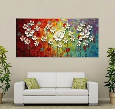 Quadro Pintura Tela Arvores e Flores Modernas Em Altos Relevos 2054