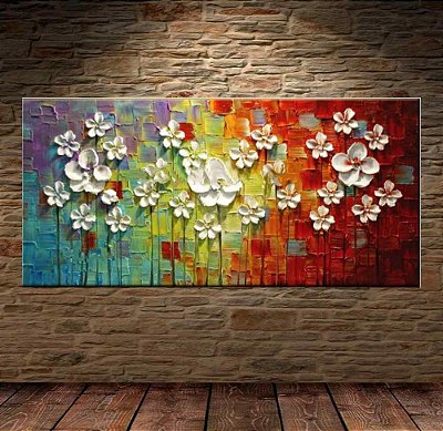 Quadro Pintura Tela Arvores e Flores Modernas Em Altos Relevos 2062