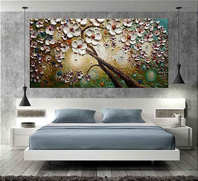 Quadro Pintura Tela Arvores e Flores Modernas Em Altos Relevos 2079