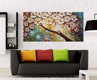 Quadro Pintura Tela Arvores e Flores Modernas Em Altos Relevos 2081