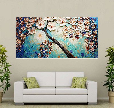Quadro Pintura Tela Arvores e Flores Modernas Em Altos Relevos 2082