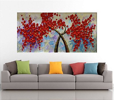 Quadro Pintura Tela Arvores e Flores Modernas Em Altos Relevos 2085