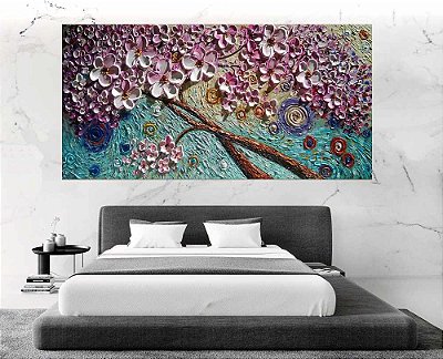 Quadro Pintura Tela Arvores e Flores Modernas Em Altos Relevos 2088