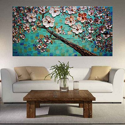 Quadro Pintura Tela Arvores e Flores Modernas Em Altos Relevos 2094