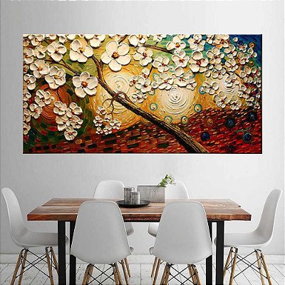 Quadro Pintura Tela Arvores e Flores Modernas Em Altos Relevos 2096