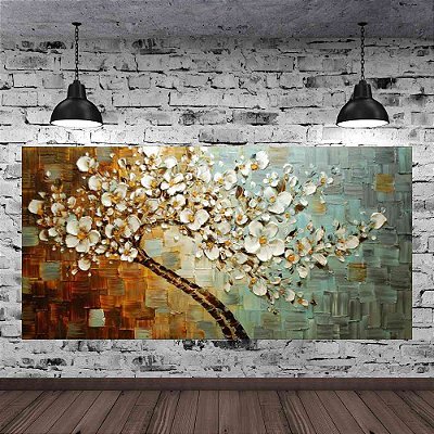 Quadro Pintura Tela Arvores e Flores Modernas Em Altos Relevos 2164