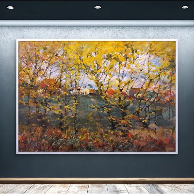 Quadro Decorativo Paisagem de Outono com Árvores Amarelas e Floresta 6020