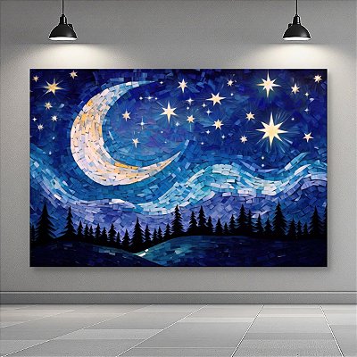 Quadro Decorativo Paisagem Noite Estrelada Lua Crescente e Pinheiros 6048