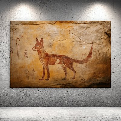 Quadro Decorativo Arte Rupestre Primitiva Raposa Vermelha e Símbolos Ancestrais 6100