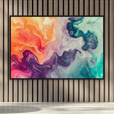 Quadro Decorativo Abstrato Fluido Ondas Coloridas em Tons de Laranja e Turquesa 6104