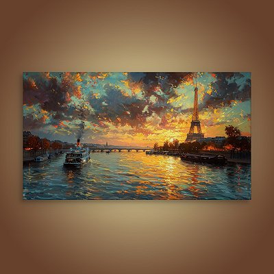 Quadro Decorativo Paisagem Paris Eiffel Pôr do Sol e Rio Sena 6117