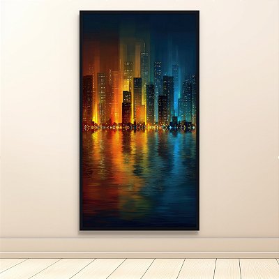 Quadro Decorativo Paisagem Urbana Noturna Arranha-Céus e Rio Espelhado 6124