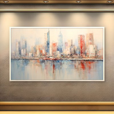 Quadro Decorativo Paisagem Urbana Skyline Abstrato em Tons de Azul e Vermelho 6123