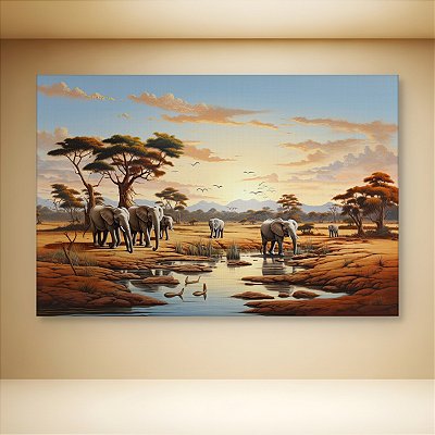 Quadro Decorativo Paisagem Savana Africana Elefantes Pôr do Sol 6136