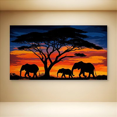 Quadro Decorativo Paisagem Savana Africana Elefantes Pôr do Sol 6138