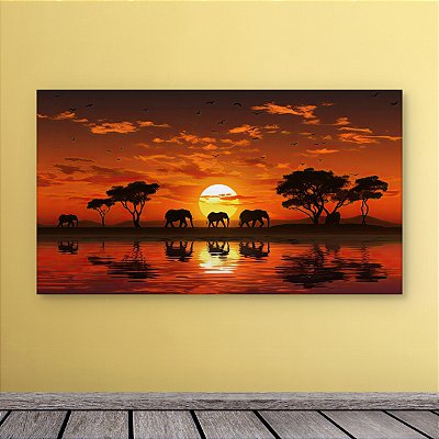 Quadro Decorativo Paisagem Savana Africana Elefantes Pôr do Sol e Rio 6144
