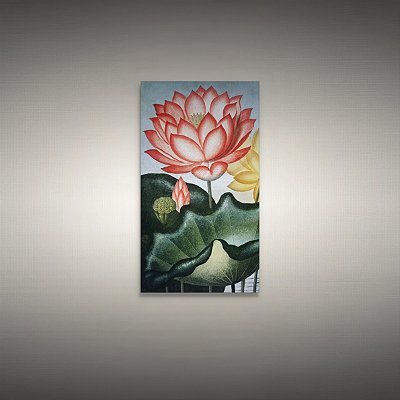 Quadro Decorativo Flor de Lótus Vermelha e Folhas Verdes Botânica 6155