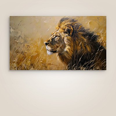 Quadro Decorativo Leão Majestoso Imponente Na Savana Tons Dourados 6190