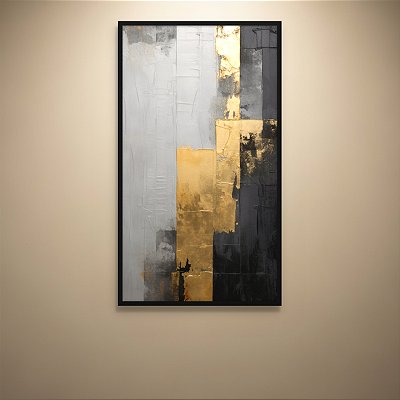 Quadro Decorativo Abstrato Moderno com Folha de Ouro e Textura Cinza e Preto 6196